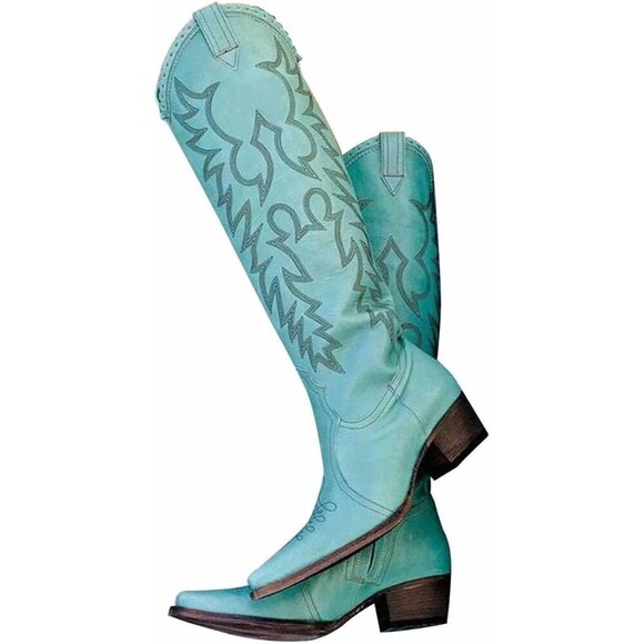 Embroidered Suede Boots Turquoise Polyurethane Chunky Heel For Women - Picture 1 of 5